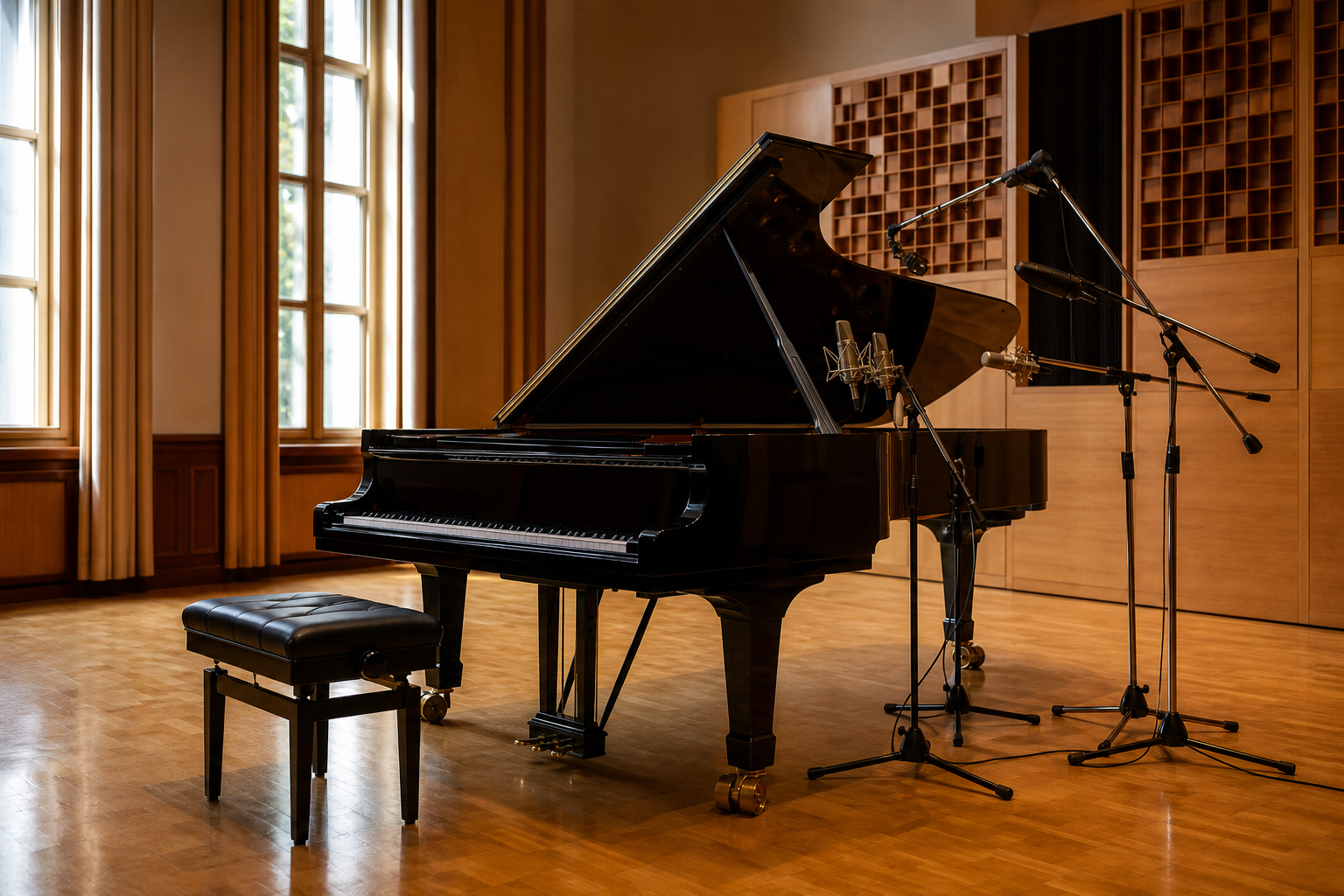 Pianoforte a coda in una sala di registrazione acustica